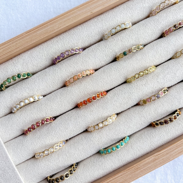 Dainty Gemstone Braided Wire Rings | aventurine, rose quartz, aquamarine rings, crystal rings for her, gift for her, gold plated, birthstone