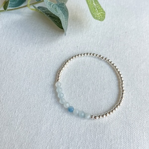 Aquamarine Bracelet | silver dainty beaded bracelet, march birthstone, natural gemstone crystal, chakras, mum to be gift, gift for her