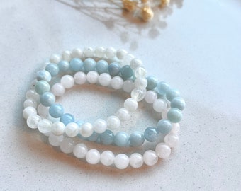 Gemstone Healing Bracelet | 6mm rose quartz, moonstone, aquamarine, natural gemstone crystals, adjustable, gift for her