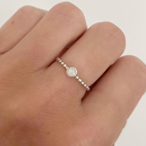 Handmade Sterling Silver Opal Ring: Dainty Beaded Gemstone Stacking Ring