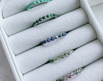 Dainty Gemstone Braided Wire Rings | turquoise, malachite, sodalite, emerald, tourmaline, birthstone, silver rings for her, gift for her
