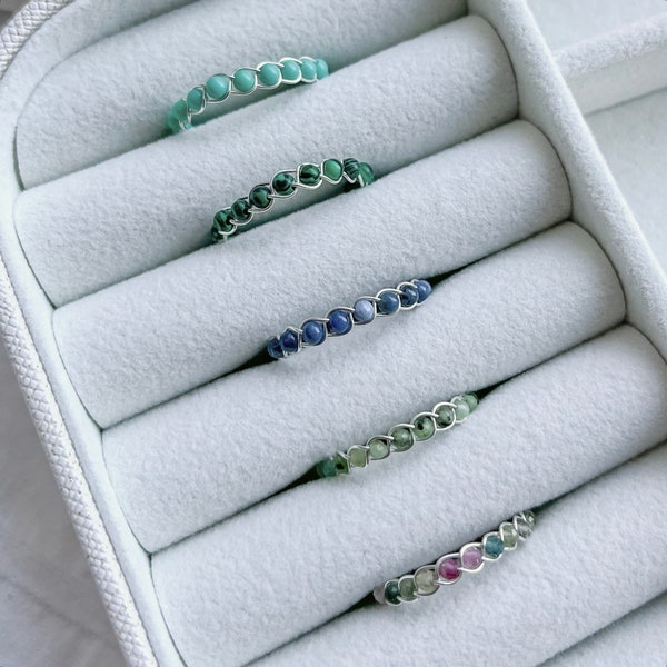 Dainty Gemstone Braided Wire Rings | turquoise, malachite, sodalite, emerald, tourmaline, birthstone, silver rings for her, gift for her