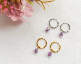 Amethyst Stone Earrings | 16mm gold silver huggie earrings, gemstone charm hoop earrings, purple handmade crystal earrings, gift for her