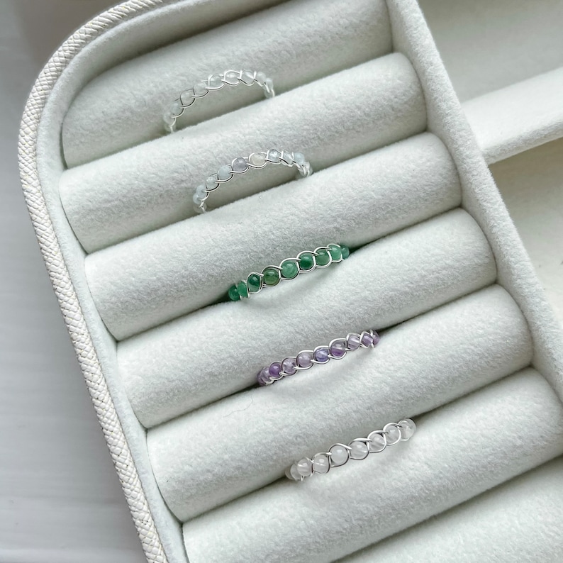 Dainty Gemstone Braided Wire Rings aventurine, rose quartz rings, crystal rings for her, gift for her, sterling silver plated, birthstone image 1