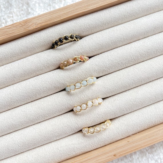 Gemstone Braided Wire Wrapped Rings | 3mm aquamarine, moonstone, jade, obsidian, clear quartz, ring for her, birthstone, gift for her