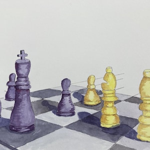 Jeu d'échecs historique à feuilles persistantes, peinture originale à l'aquarelle (11 x 15 po.), version I, souvenir d'échecs, oeuvre d'art commandée