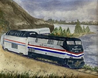 Tren Dome pasando por las montañas Adirondack. Pintura de acuarela original (11" x 15"). Arte por encargo