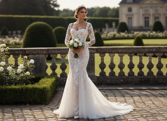 Wedding Dress, Elegant Luxurious White Lace Sheer Sleeve Corset Boning Mermaid Silhouette With Flowing Train, Bridal Dress For Bride