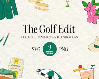 Masters Golf Tournament Clipart | Augusta Inspired Golf Art | 9 Icons x Hand Drawn Golf SVG & PNG Illustrations