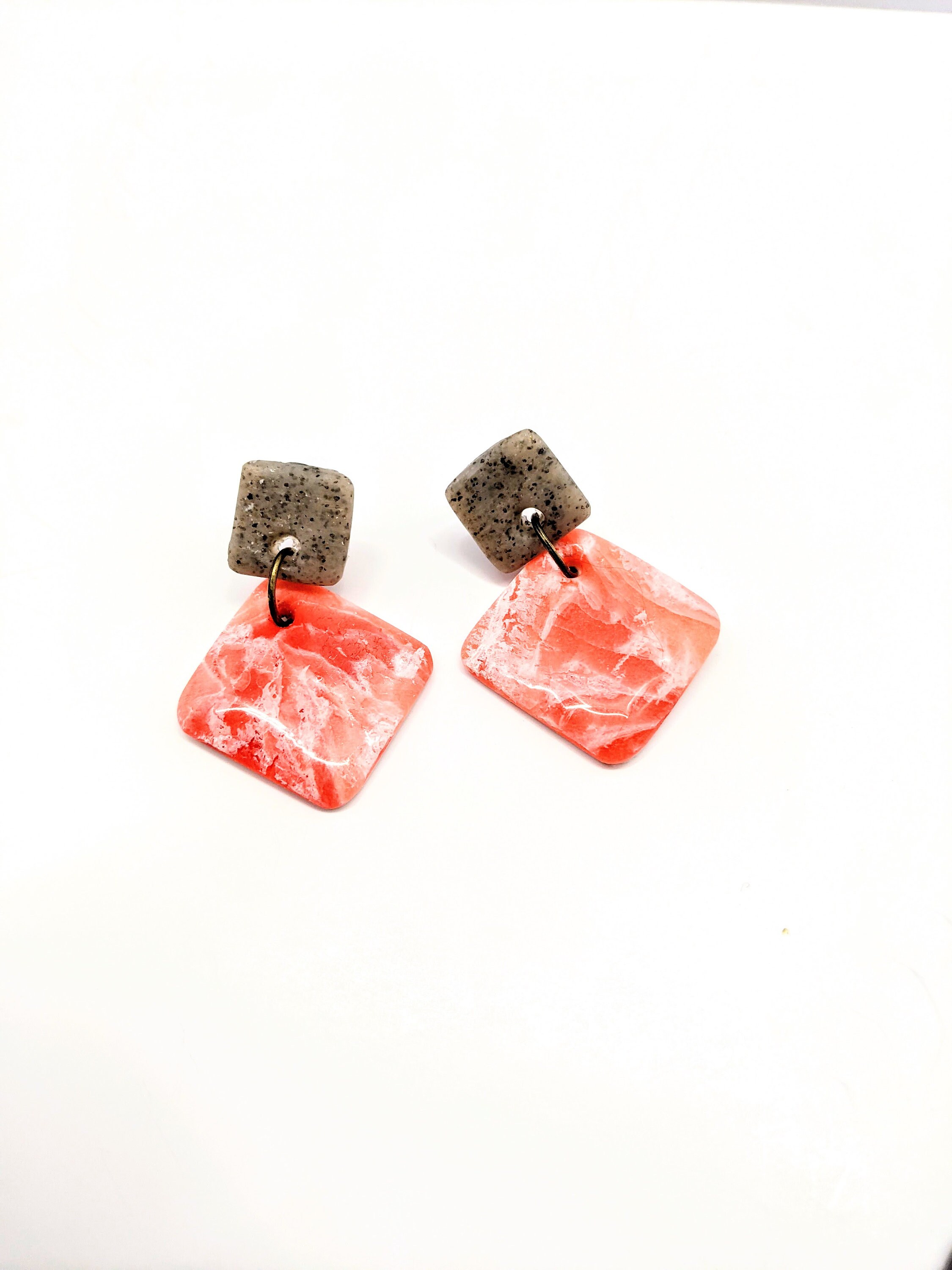Pink Sea Salt Marble Polymer Clay Dangly Earrings with Resin Finish