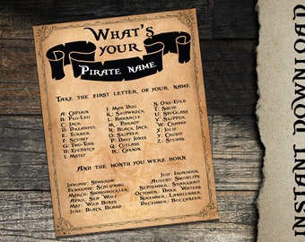 Wat is uw piraatnaam afdrukbaar, INSTANT DOWNLOAD, Piratenverjaardagsfeestje, Piratenfeestspel, Piraten, Schepen