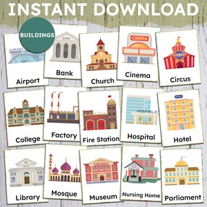 GEBÄUDE, INSTANT DOWNLOAD Montessori-Karten, druckbare Montessori-Karten, Flash-Karten, Nomenklatur Flash-Karten