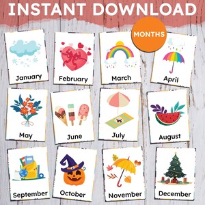 MESI, DOWNLOAD IMMEDIATO Carte Montessori, Carte Montessori stampabili, Carte flash, Carte flash nomenclatura