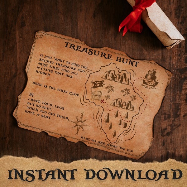 Printable Treasure Hunt Map and Clues, Scavenger Hunt, Birthday Activity, Escape Game , Outdoors, Indoors Clues Game, Kids, Teens, Riddles
