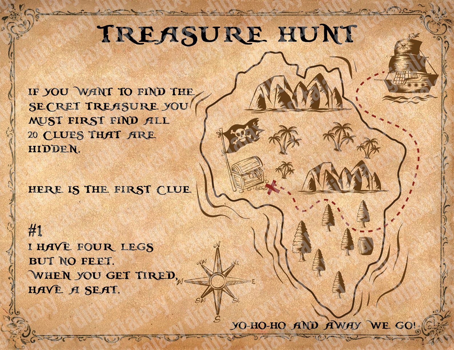 Printable Treasure Hunt Map and Clues Scavenger Hunt Etsy
