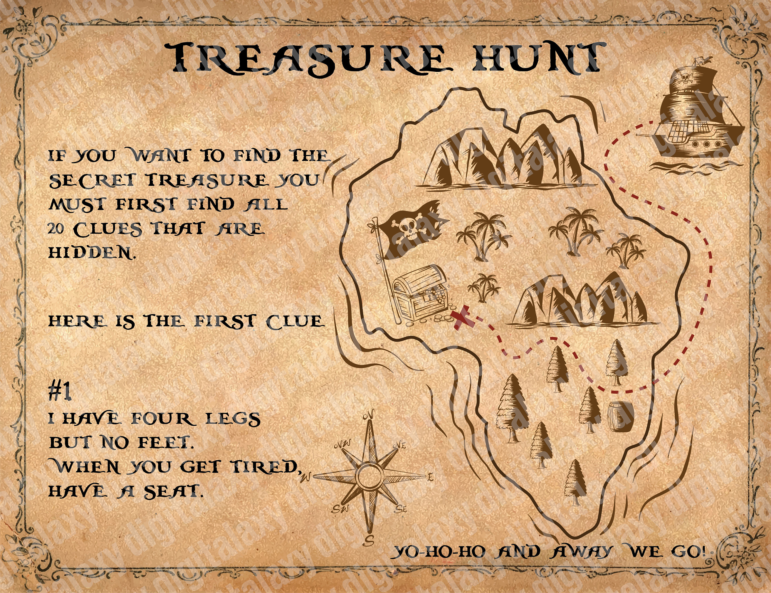 Printable Treasure Hunt Map and Clues Scavenger Hunt Etsy