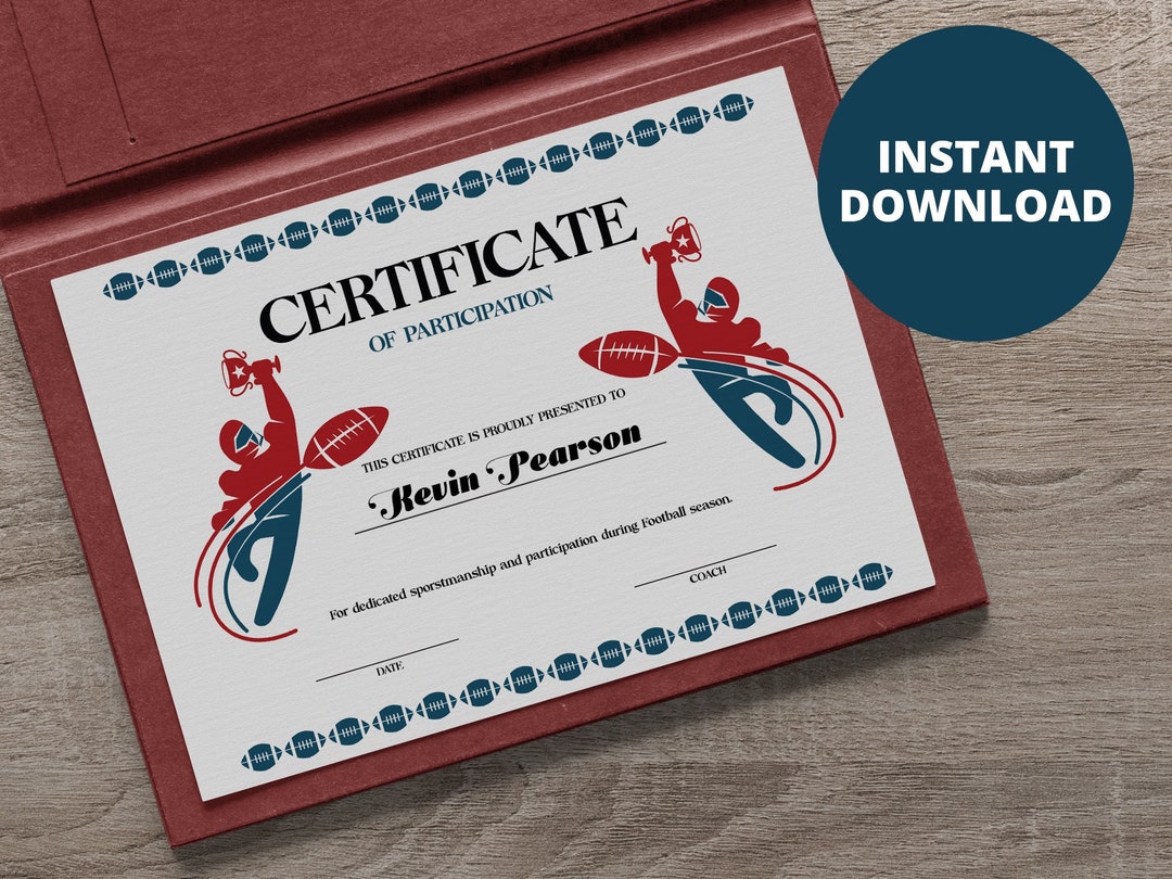Football Certificate of Participation, Printable Football Certificate