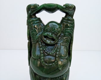 グリーン翡翠の幸せな笑い仏、平和の禅仏、菩薩、瞑想の装飾、ヨガの像