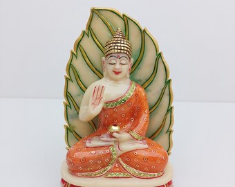 Handmade Ivory Agate Stone Buddha Statue, Gold Leaf Accent