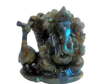 Labradorit Ganesh-staty, handskuren Ganesha-idol