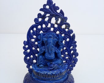 Handsnidad Lapis Lazuli Ganesha-staty, naturlig ädelsten