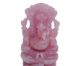 Handskuren Ganesha-staty i rosenkvarts, idol i natursten
