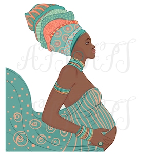 Afroamerykańska kobieta w ciąży, clipart, Czarna mama, Prezent na baby shower, Nowonarodzona mama, Sublimacja, Czarna kobieta, PNG, Sztuka czarnej kobiety,