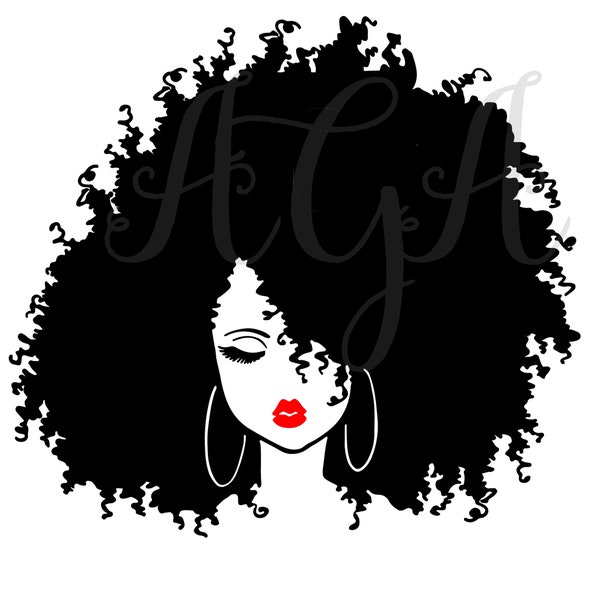 Afro Woman ,  Curly afro, hoops, Beautiful Black Woman, Instant Download,  Sublimation, Black hair, red lips, Png, Black woman hair