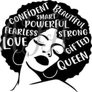 Black woman with afro clip art Sublimation, fearless, powerful, PNG, Digital Download, black woman queen t transfer, words in afro woman