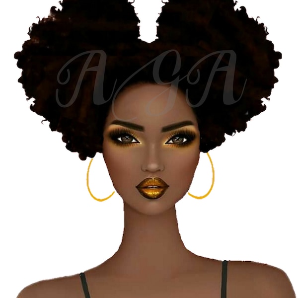 Pretty Afro puffs Woman clipart, Beautiful Black Woman, Instant Download, Sublimation, Pretty Black hair,textured hair, Png,Black woman hair