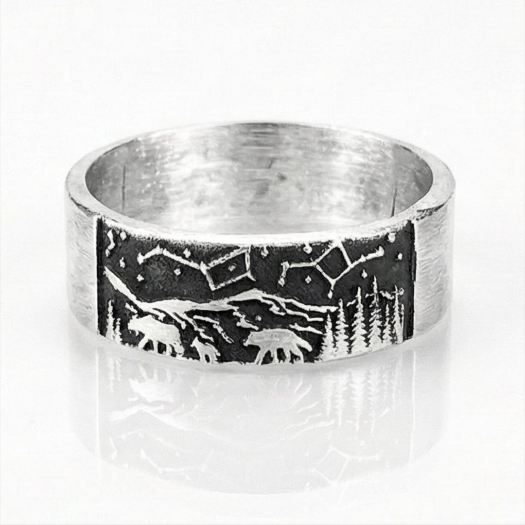 Matte Sterling Silver Mountain Forest Ring for Men | Oxidized Deer ...