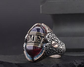 El-Hamra/Andalusia Civilisation Collection, Unique 925 Silver Ring, Inspirational Inscriptions, Dual Stone Symbolism