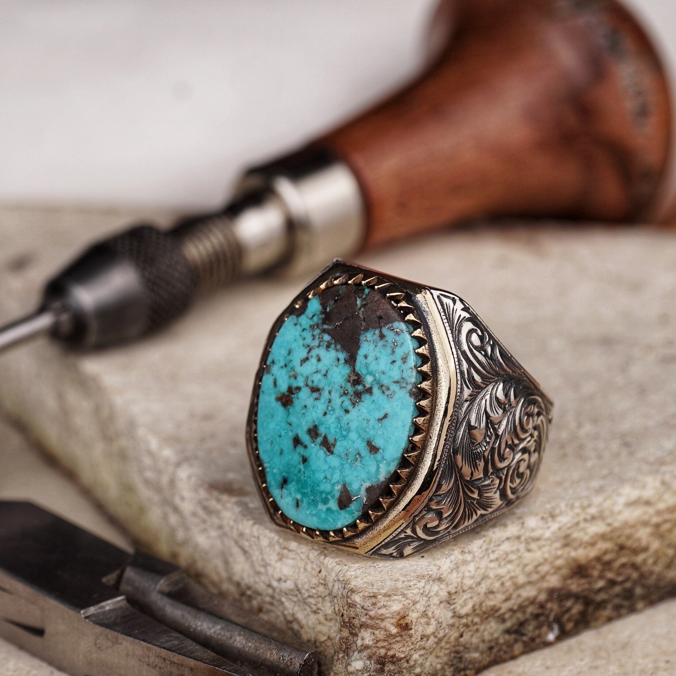 Large Oval Turquoise Silver Ring, Genuine Natural Turquoise Signet, Handmade Men's Statement Jewelry