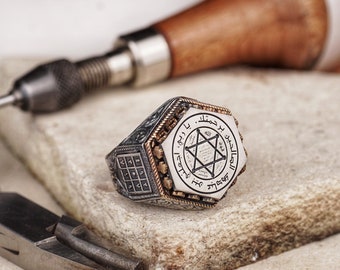 Men&#39;s Hexagonal Silver Ring with Seal of Solomon, Handcrafted Ring with Abjad Numerals, Mystical Islamic Jewelry
