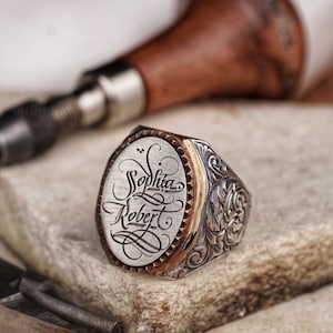 Custom Name Calligraphy Silver Ring, Large Oval Signet for Men, Personalized Handcrafted Jewelry