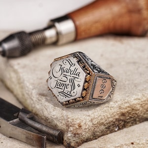 Custom Name Calligraphy Men&#39;s Silver Ring, Hexagonal Handcrafted Personalized Jewelry, Unique Engraved Silver Band for Him