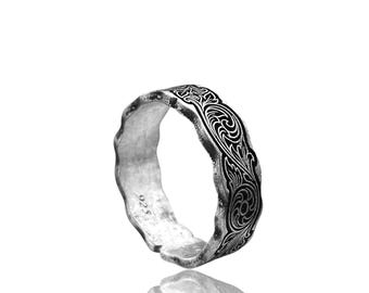Engraved Swirl Sterling Silver Ring – Oxidized Wavy Band