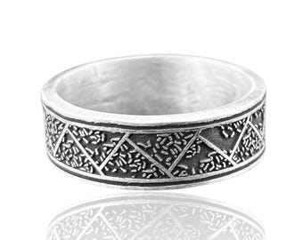 Oxiderad sterlingsilver geometrisk ring, tribal mönsterarmband, handgjord