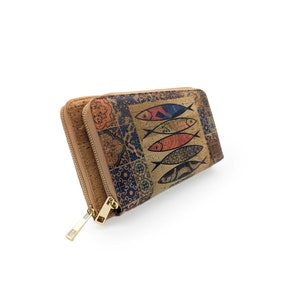 Cartera y tarjetero de corcho con doble cremallera sostenible vegano y orgánico ecológico ligero duradero impermeable hecho en Portugal