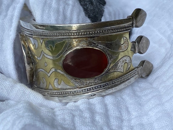Antique Turkish  Tribal Silver and Carnelian Cuff - image 7