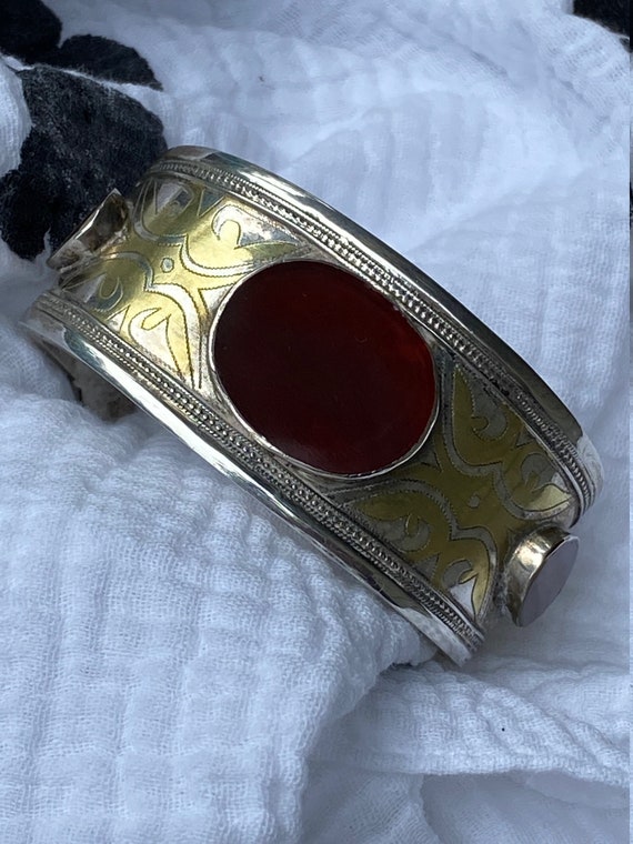 Antique Turkish  Tribal Silver and Carnelian Cuff - image 1