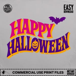 Happy Halloween PNG, Digital Download, Halloween Clipart, Bat and Pumpkin Image, Spooky Season Art, Party Decor, Printable Graphics