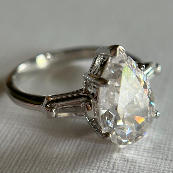 Vintage 1980s Faux Pear Cut Diamond Sterling Silver 925 US Size 8 Cocktail Statement Ring Estate Jewelry Gift for Her Gift for Mom Holiday