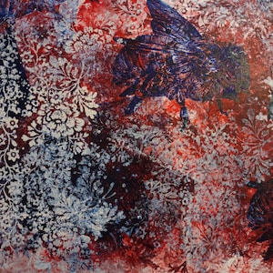 Blue and Red Bees Floral Oil Ink Relief Print