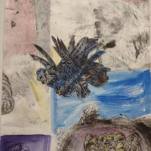 Zebra Fish and Crab Etching Ink Collage with Watercolors