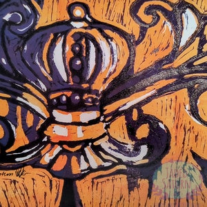 Lámpara abstracta morada y naranja, impresión artística brillante de 21,5 x 28 cm