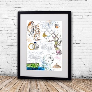 May include: A watercolor illustration featuring a white owl, a tabby cat, a ring, a tree, a moon, a boat, and a jar of honey. The illustration is surrounded by handwritten text, including the words "The owl and the pussycat went to sea" and "They dined on mince and slices of quince".