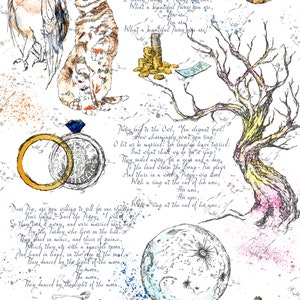 May include: A watercolor illustration of an owl and a cat with a poem about their wedding. The poem includes details about the wedding ceremony and reception. The illustration also includes a jar of honey, a ring, a tree, a moon, a boat, and a guitar.
