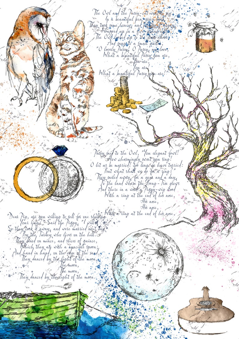 May include: A watercolor illustration of an owl and a cat with a poem about their wedding. The poem includes details about the wedding ceremony and reception. The illustration also includes a jar of honey, a ring, a tree, a moon, a boat, and a guitar.