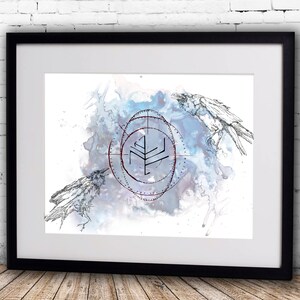 May include: A watercolor painting of two black crows with a red and blue symbol in the center. The symbol is surrounded by a circle with a compass-like design. The background is a light blue watercolor wash.